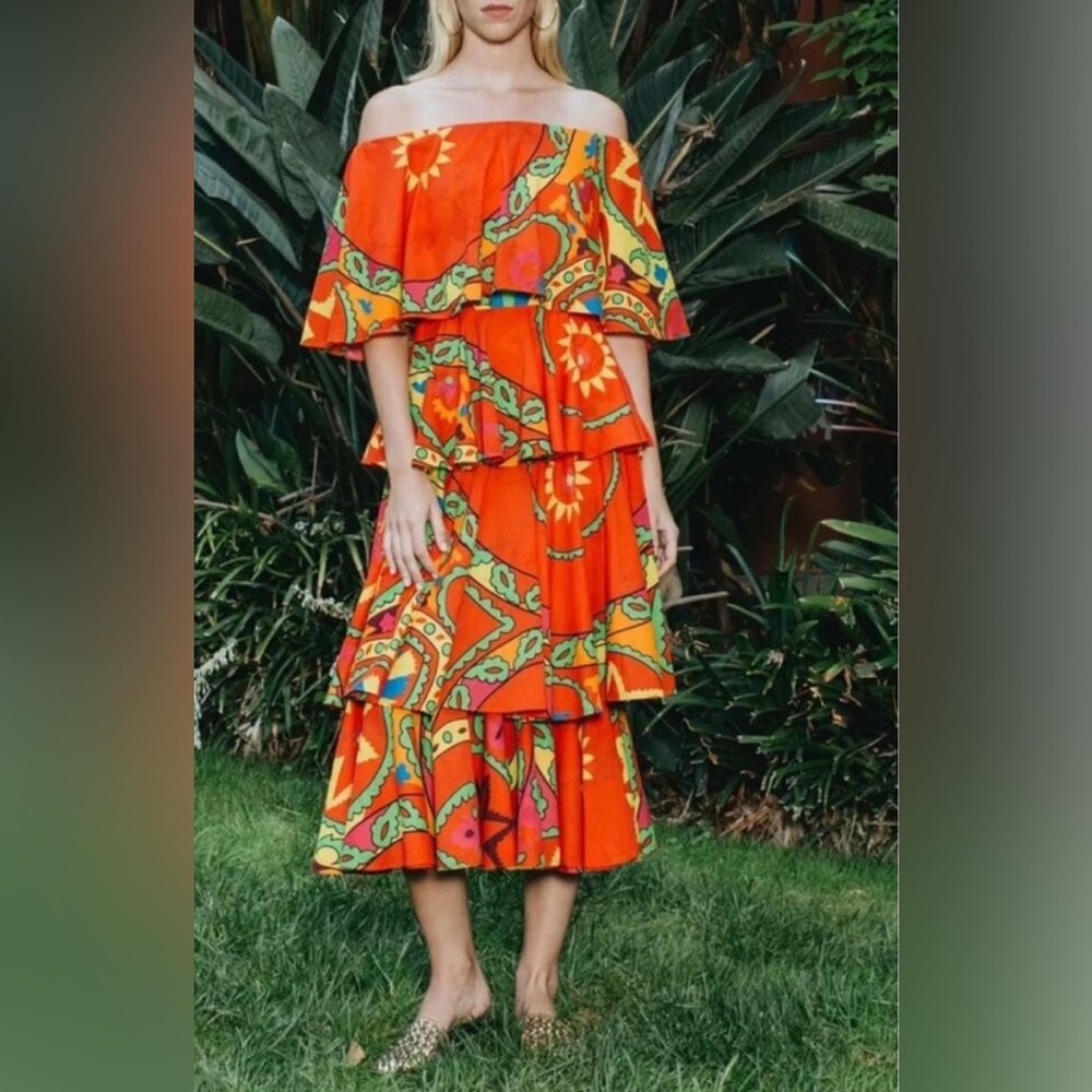 Rhode Resort Lulu Printed Off Shoulder Midi Dress MEDIUM EXCELLENT PRE-OWNED CON
